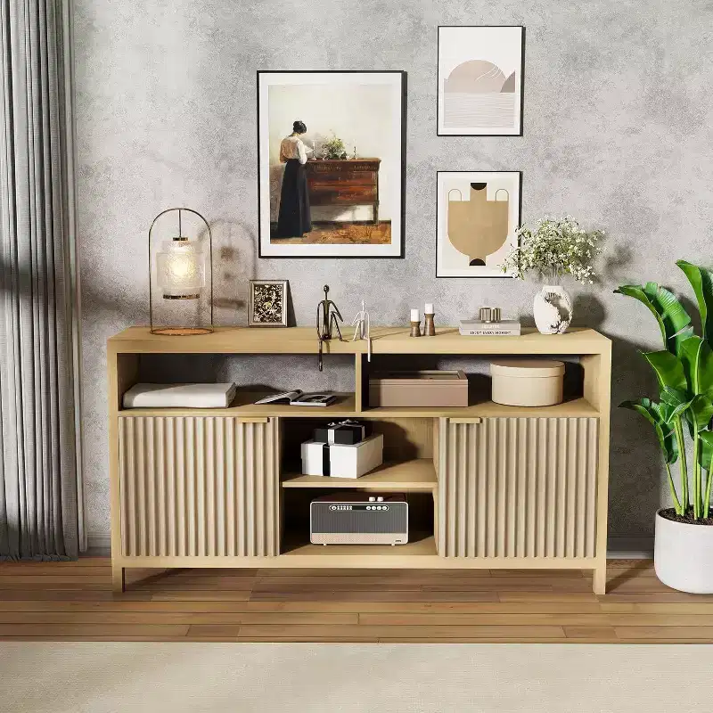 Acekool Fluted TV Stand for 65 TVs, Mid-Century Modern Media Console with Adjustable Shelves, Slim Farmhouse Entertainment Cabinet