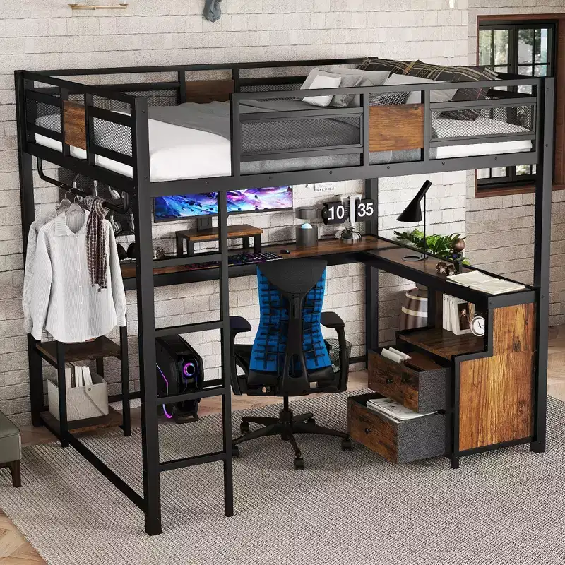Bellemave Loft Bed with Desk and Storage Non-woven Fabric Drawers, Metal Loft Bed Frame with Ladders, Nosie-free No Spring Box Needed, Black
