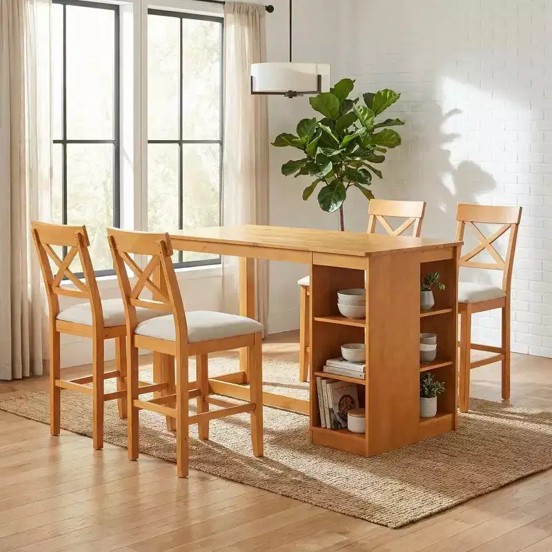 FurnitureR Solid Wood Dining Table Set for 4 with Storage Shelves, Rectangular Kitchen Table and 4 Chairs for Dining Room, Breakfast Nook Apartment