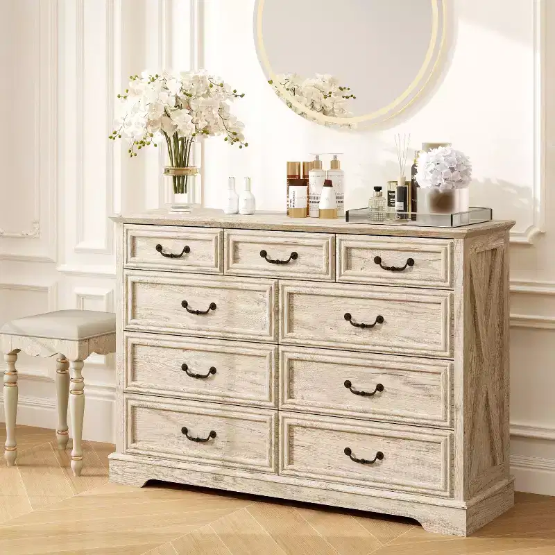 Dyonery Farmhouse Drawer Dresser, 9 Drawer Chest with Wood Top, 52 Wide Storage Organizer for Bedroom, Living Room, Entryway