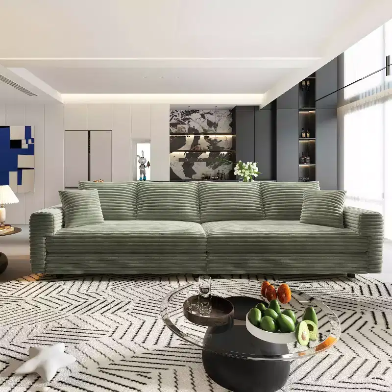 102.4 Plush Corduroy 4 Seat Sofa with Soft Pillows 3 Ottoman, Convertible Deep Seat Sofa Lunge Chair Green