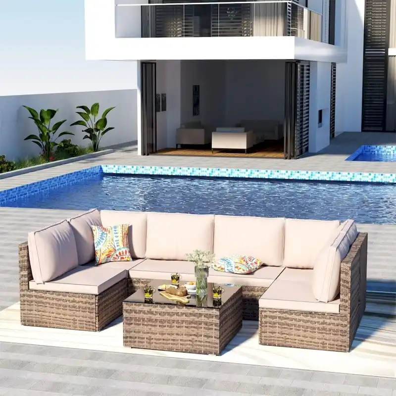 7-Piece Wicker Patio Conversation Set with Cushions and Glass Table