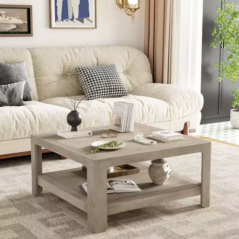 Gray Square Coffee Table, 2-Tier Open Shelf, Seats 2–4