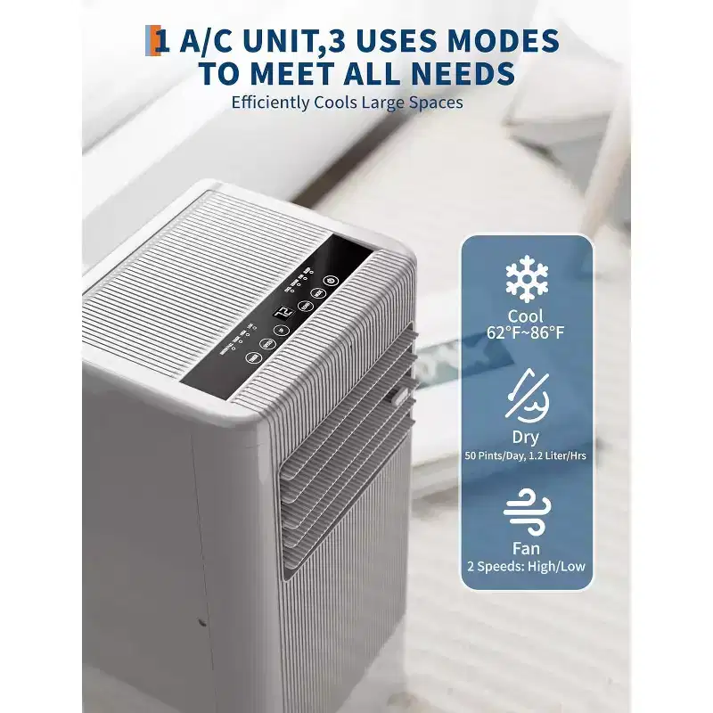 10,000 BTU 3-in-1 Portable Air Conditioner - Cools Up to 450 Sq.Ft, Drainage-free Cooling, Quiet Sleep Mode, Black&Grey Cover
