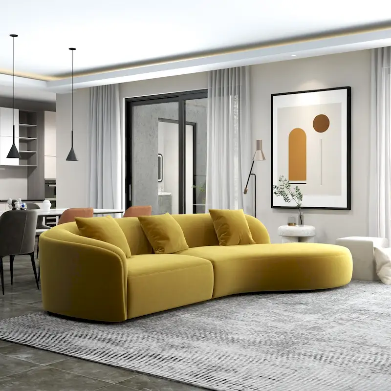 Gold / Dark Green Velvet Curved Tufted Sofa – 2-Seat