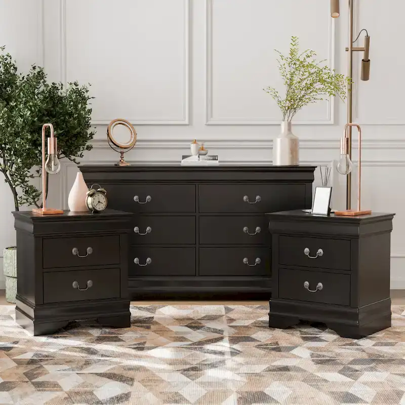 Cherry / Black / White 3-Piece Nightstand & Dresser Set – Traditional Style, 1 Bedroom
