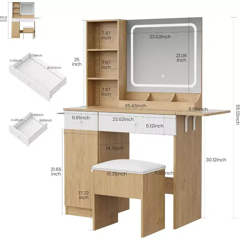 Vanity Desk with Mirror, Makeup Table Set with Drawers, Cabinet, Storage Stool Space-Saving Bedroom Dressing Table