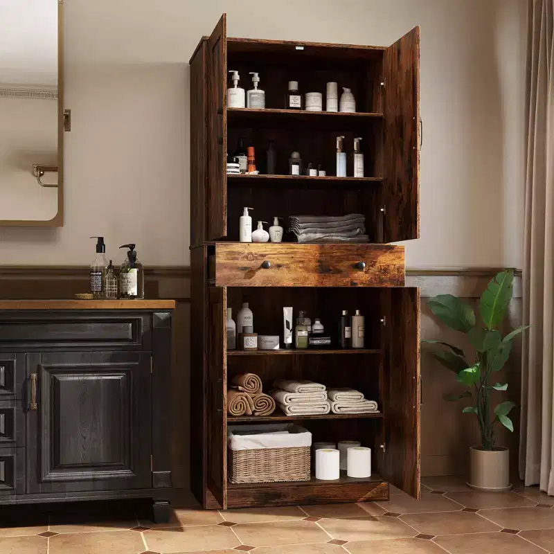 Costway 72 Tall Kitchen Pantry Modern Farmhouse Cupboard Cabinet with 4 Barn Doors Brown/White/Black
