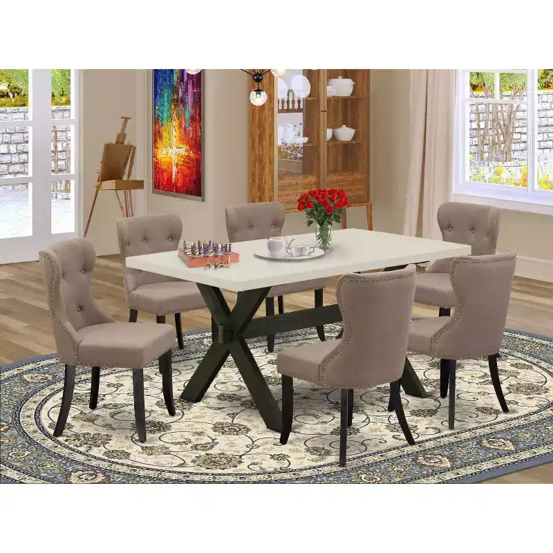 HomeStock 7-Pc Rectangle Natural Oak Finish Solid Wood Top Dining Table with 6 Chairs