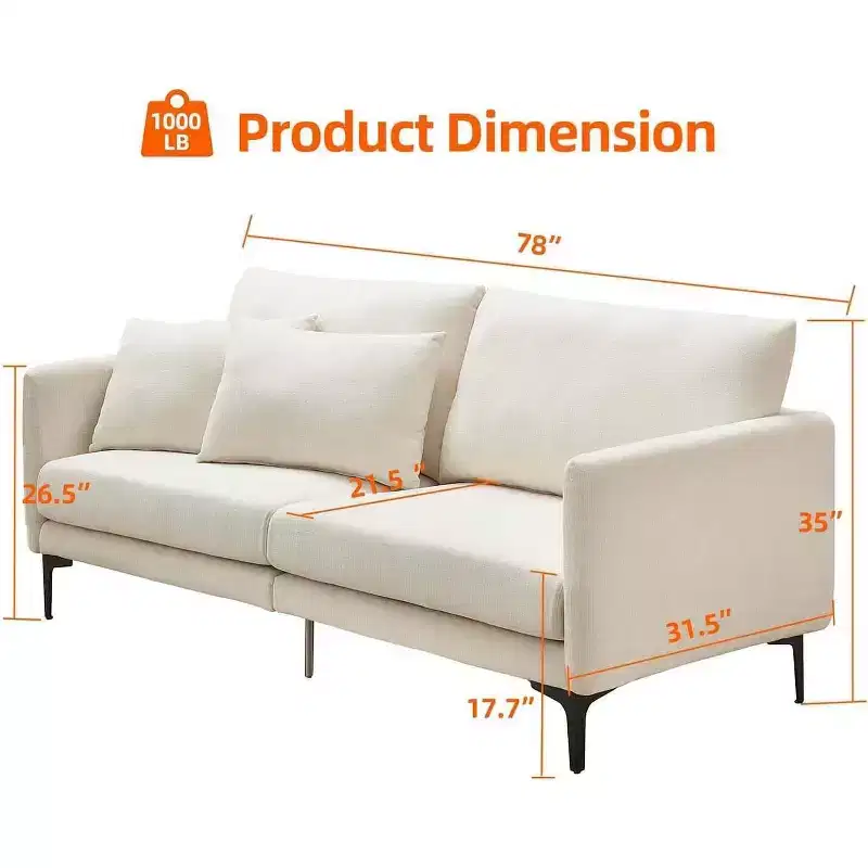 Sofa, 78 Inch 3 Seater Comfy Modern Couch with 2 Pillows - Cozy Chenille Lounge for Living Room Apartment, Beige