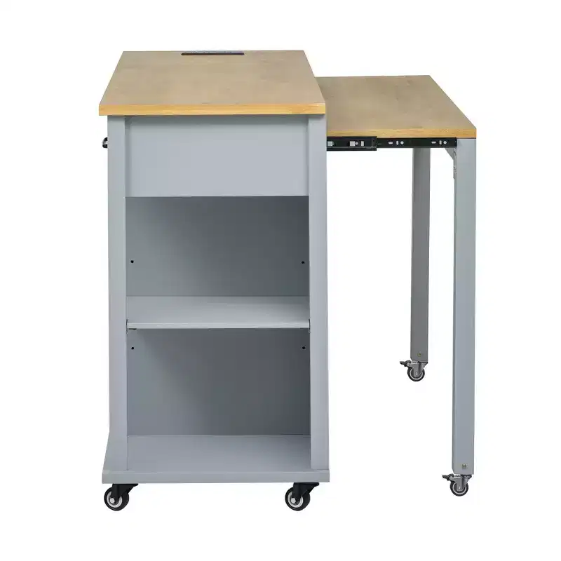 47 Kitchen Island with Extendable Dining Table Rubber Wood Veneer Kitchen Table with Storage Rack & Power Outlet & 2 Drawers 2 Cabinet Blue