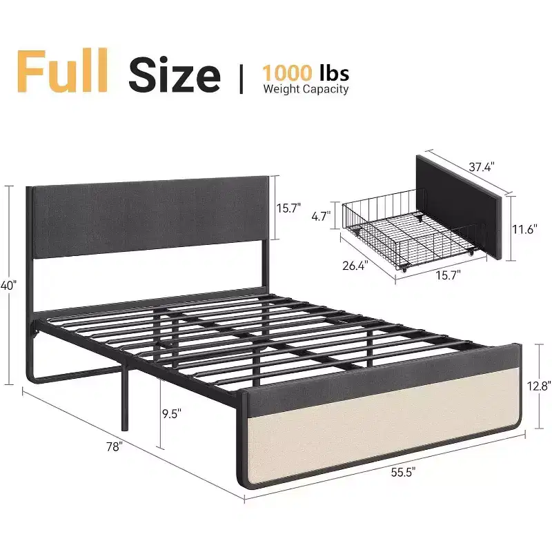 Full Bed Frame, Linen Upholstered Platform, Headboard and 2 Storage Drawers, Strong Metal Slats, Noise Free Mattress, No Box Spring Needed, Grey
