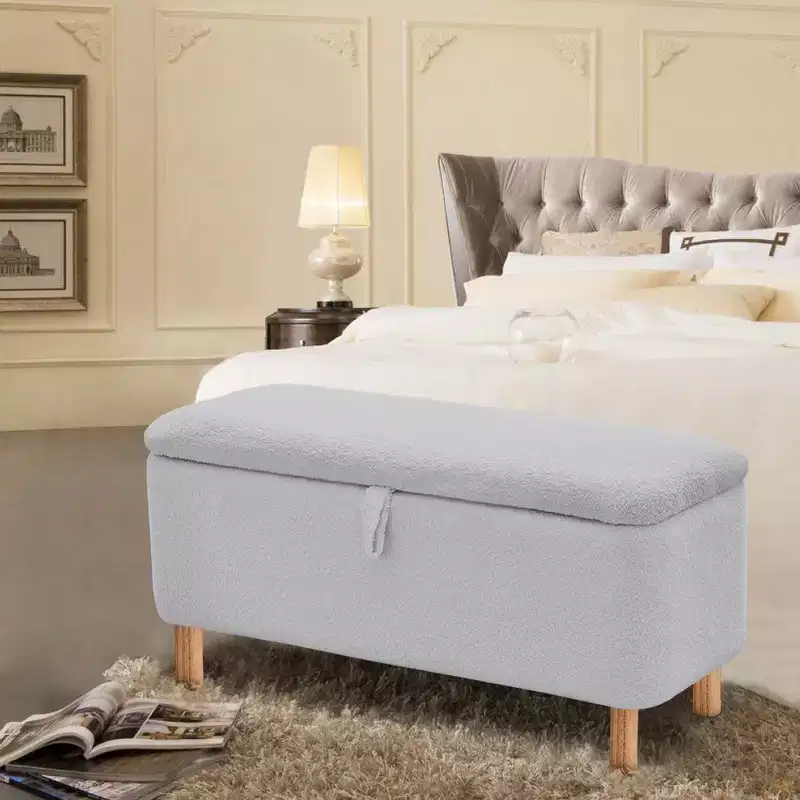 Pull-Open Top Boucle Storage Ottoman Bench, Upholstered, Hydraulic Hinge, Bedroom & Entrance