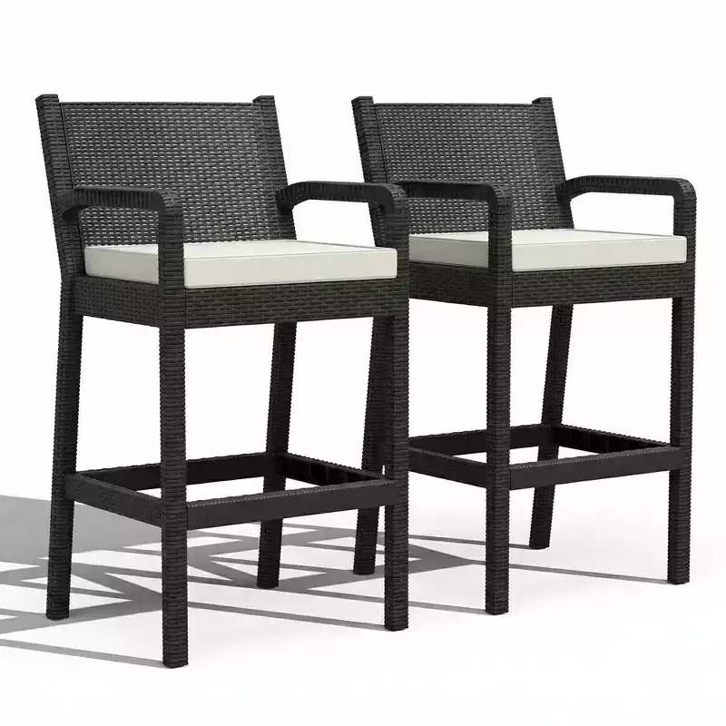 Outdoor Wicker Bar Stools Set of 2 - 30 Bar Height, 330 LBS Capacity, Thick Cushions, All-Weather Rattan for Patio & Pool