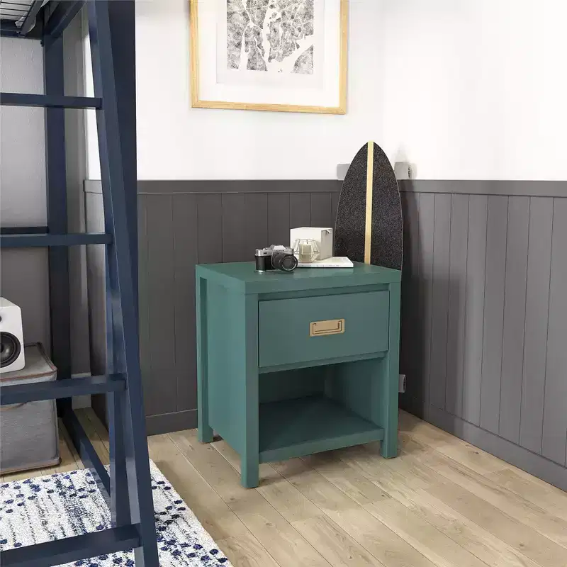 Green MDF Nightstand with Drawer & Open Cubby, 1-Person Use
