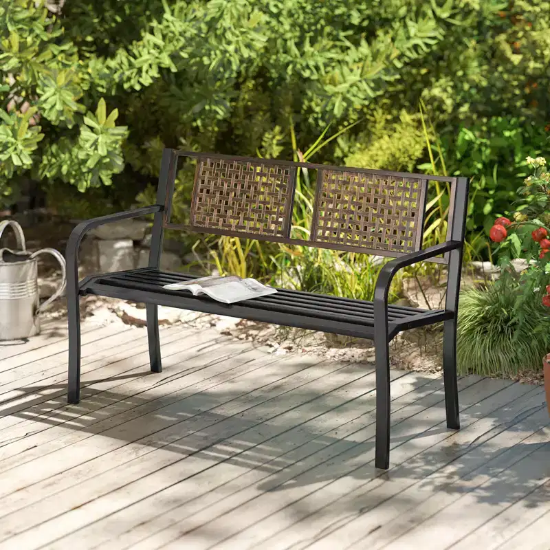 Costway 50 Outdoor Metal Park Bench with Rattan-Like Backrest & Curved Armrests