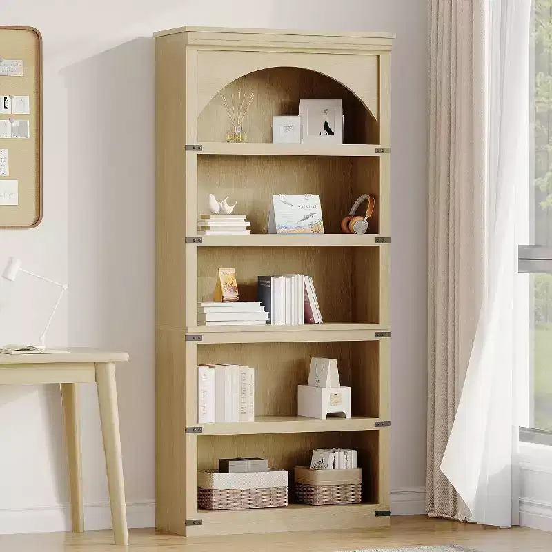 Arched Bookcase 5 Shelf Bookshelf 68.7 Tall Bookcase Farmhouse Curved Storage Rack Wooden Bookshelves for Home Office Natural