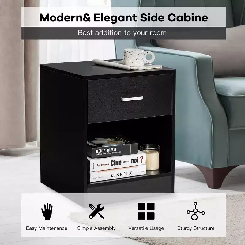 Modern Nightstand with Drawer and Open Shelf Black/Brown