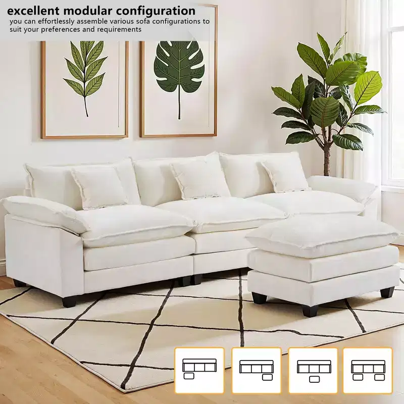 EHMKNP 112 L-Shaped Modular Sectional Sofa  Comfy Cloud Couch with Movable Ottoman, Deep Seat Cushions for Living Room
