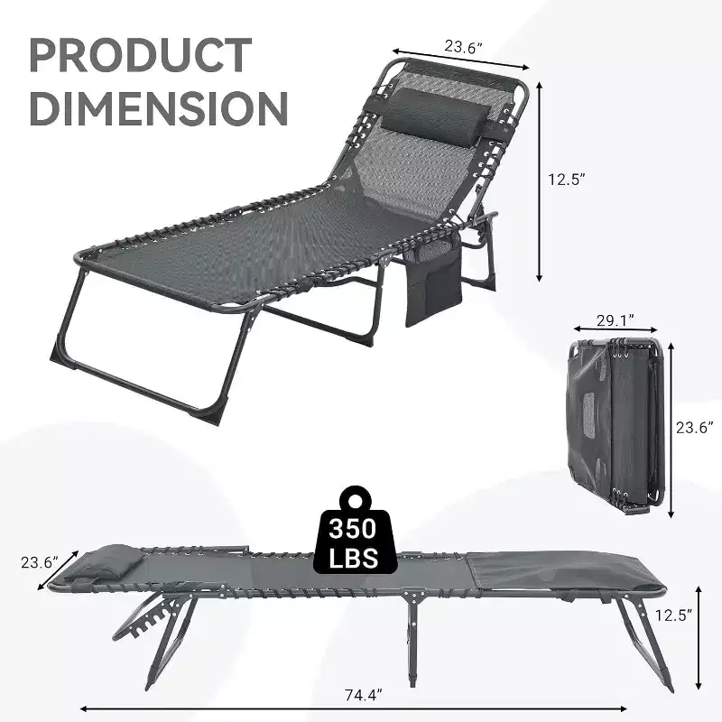 MooxvMoo 2PCS Tanning Chair with Face Hole, Folding Beach Chaise Lounge Chair with Carrying Handle, Side Pocket, 5-Position Adjustable, Black