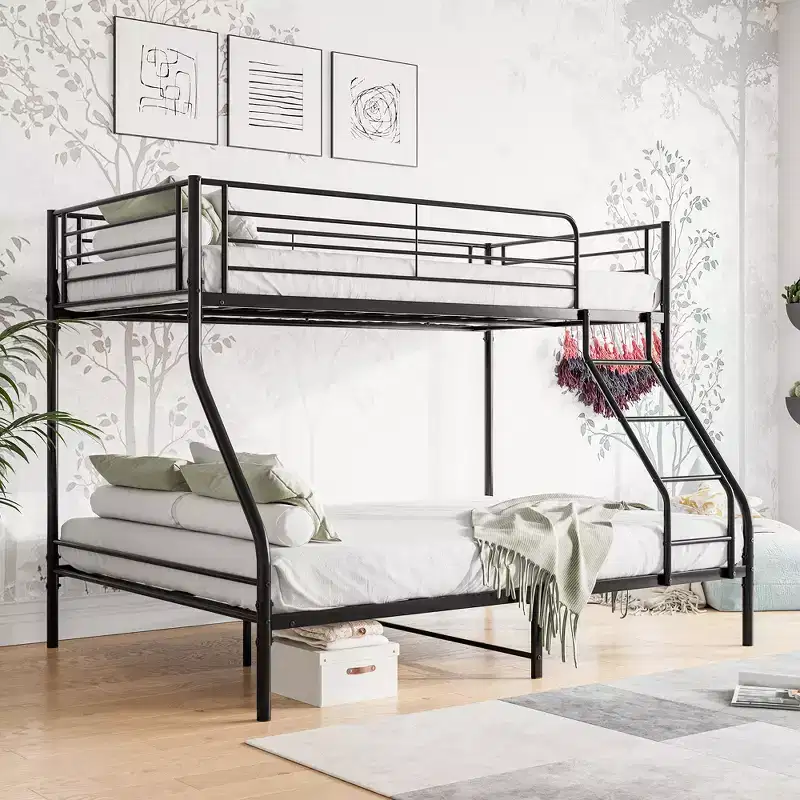 Twin-Over-Full Metal Bunk Bed with Guardrail and Inclined Ladder