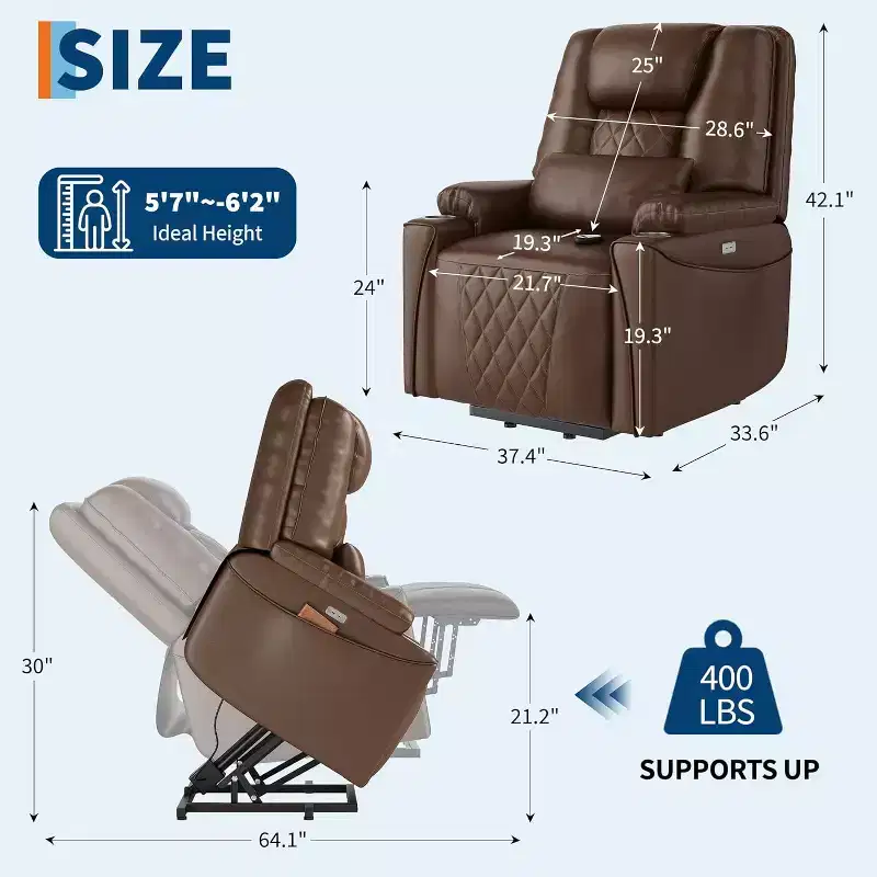 Power Lift Recliner Chair, PU Leather Sofa with Charging Ports, Cup Holders, Electric Stand Assist, Remote Control, Brown