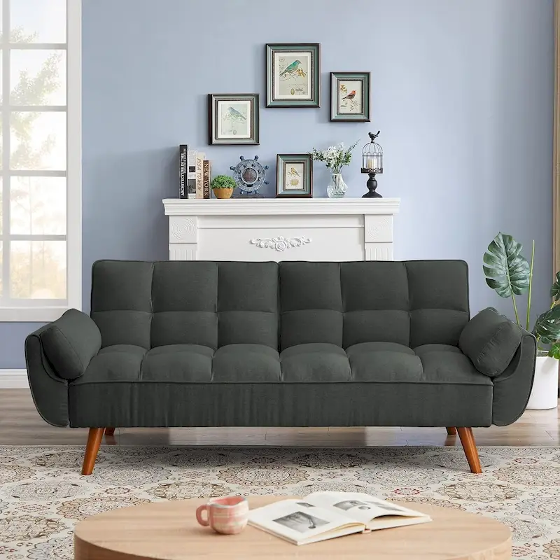 75.39 Futon Sofa Bed, Convertible Folding Futon Couch Recliner Lounge For Living Room With 2 Pillow/Armrest