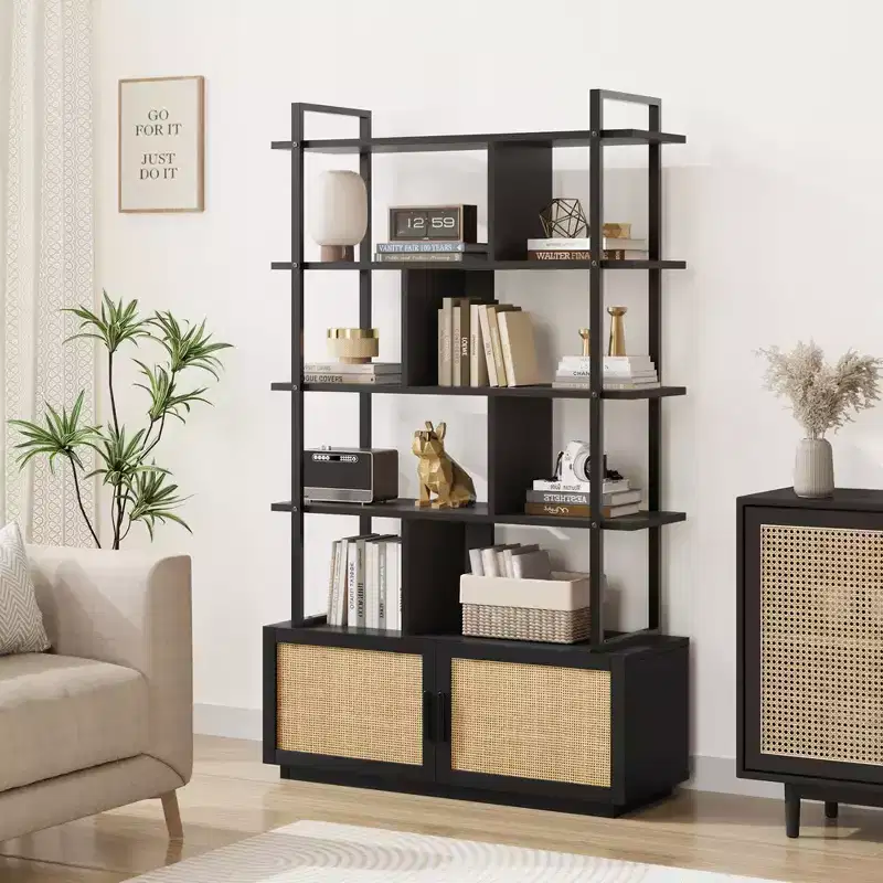 5 Tier Rattan Bookshelf with Storage Cabinet & Door, 71.1 Inch Tall Industrial Book Shelf,5 Shelf Bookcase with Metal Frame