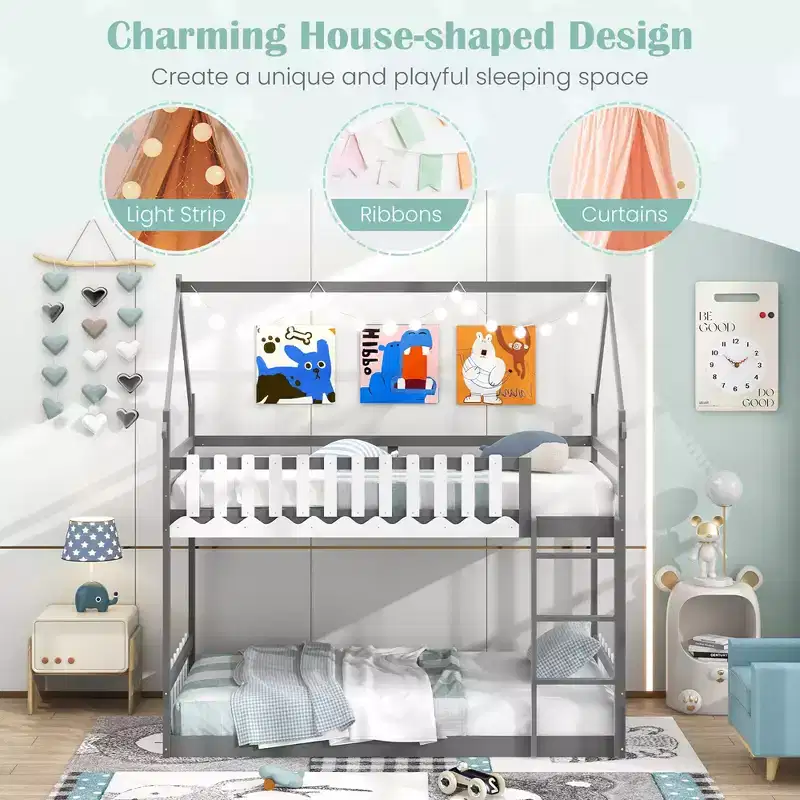 Twin Over Twin House Bunk Bed with Fence & Ladder - Solid Wood, Gray