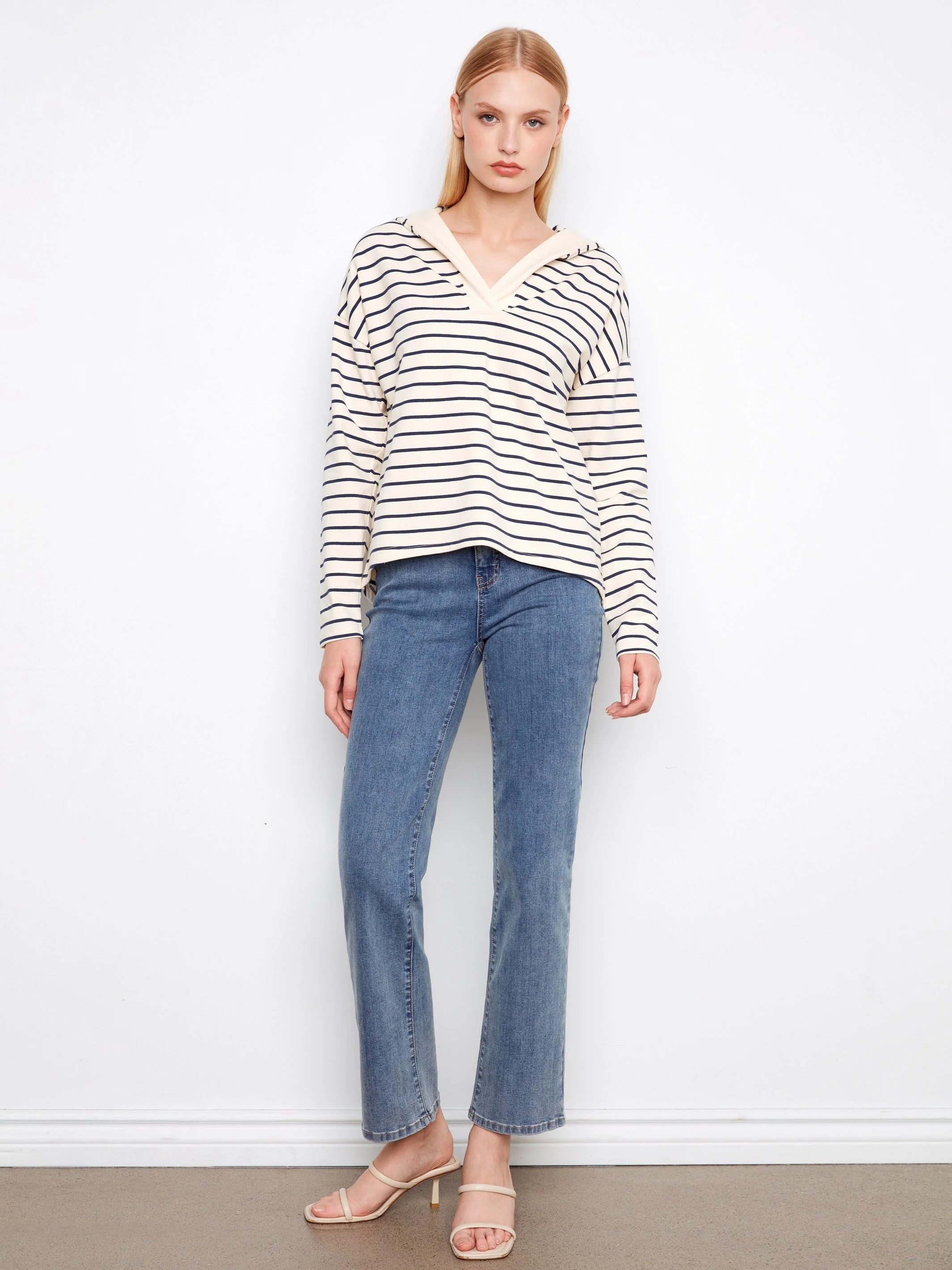 V-Neck Striped Hoodie - Navy