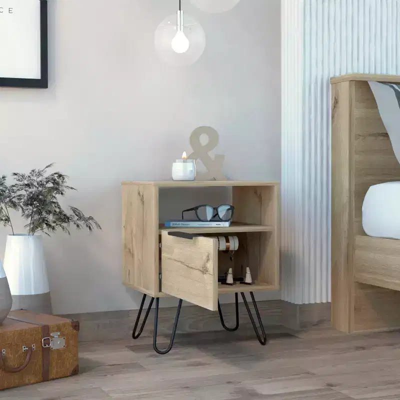Farmhouse 2-Tier Nightstand with Hairpin Legs, MDF, Rustic Brown, Space-Saving