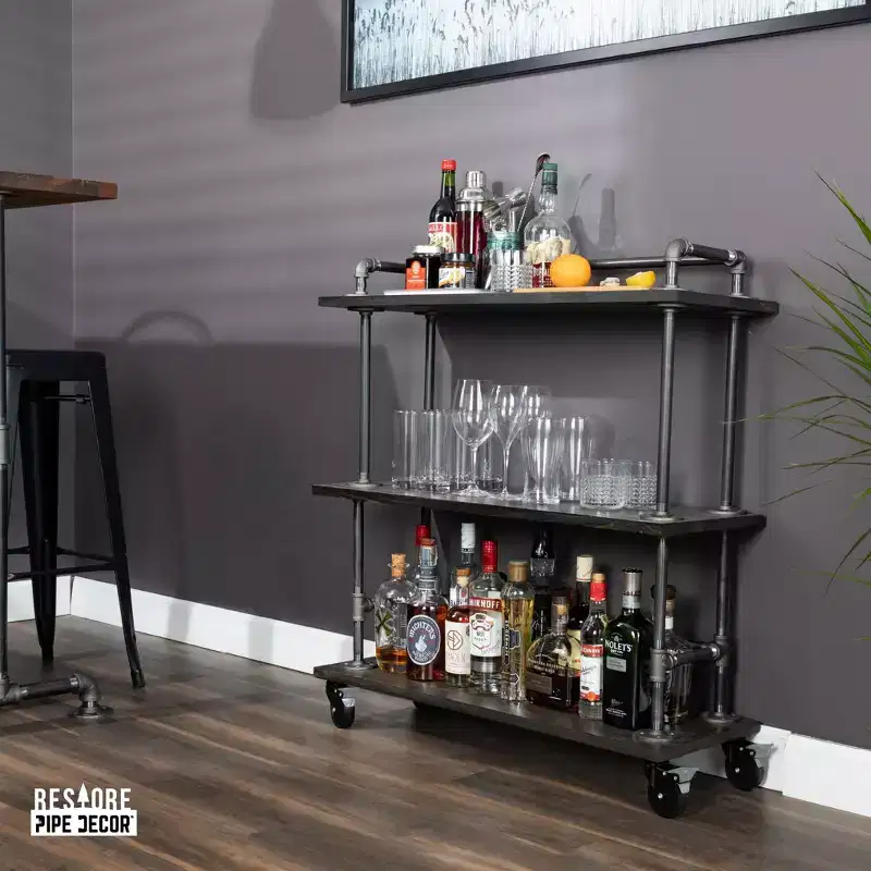 Three-tier Wood Shelf Industrial Bar Cart with Locking Wheels, Trail Brown