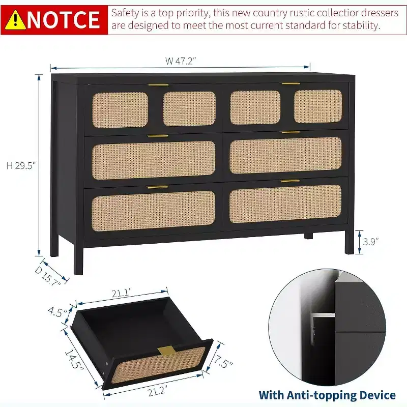 6 Drawer Dresser for Bedroom, Rattan Dresser with Metal Handles, Farmhouse Wood Storage Chest of Drawers for Bedroom, Living Room, Office
