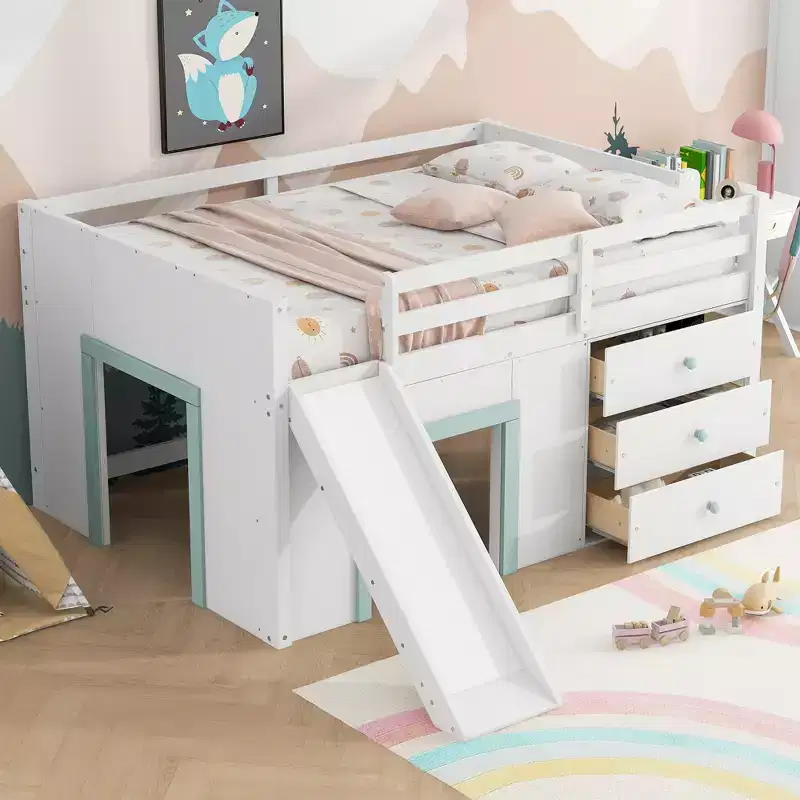GDFStudio Sebastian Modern Solid Wood Full Size Low Loft Bed with Slide and Drawers