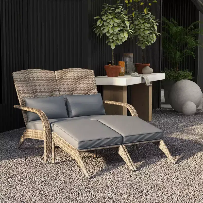 Outsunny Wicker Adirondack Chair for 2 with Cushions & Footrests, PE Rattan Fire Pit Chair for 2with High-back, Wide Armrests