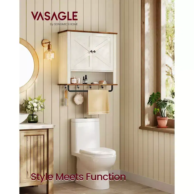 Farmhouse Wall-Mounted Medicine Cabinet with 2 Barn Doors, Adjustable Shelf, Towel Bar & Hooks, 7.9 x 23.6 x 28.7, Rustic White