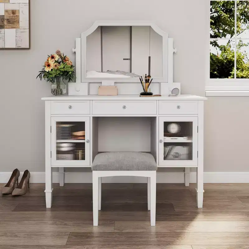 44.4-Inch Minimalist Makeup Vanity Desk with Mirror, 5 Drawers, Side Cabinet and Matching Stool for Bedroom, White Finish