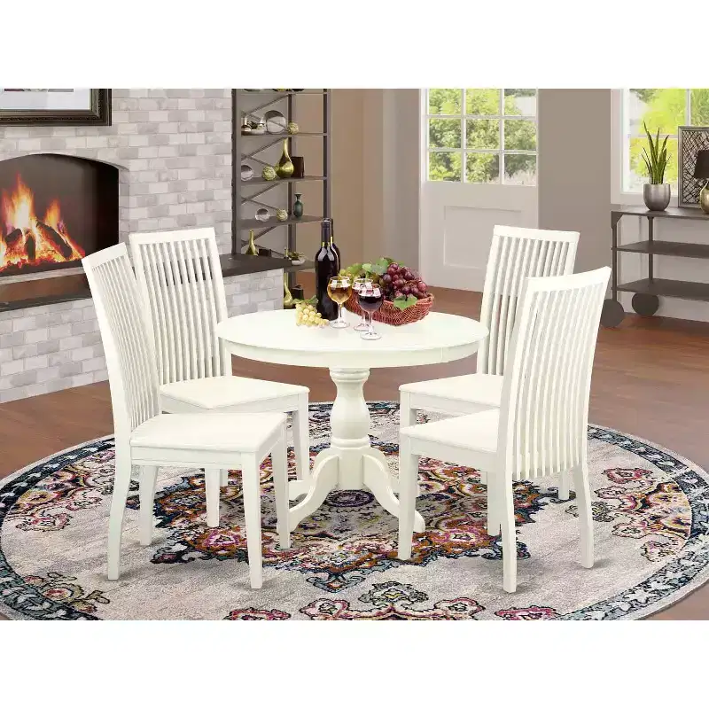 HomeStock 5-Piece Linen White Finish Solid Wood Top Dining table with 4 Chairs with Slat Back