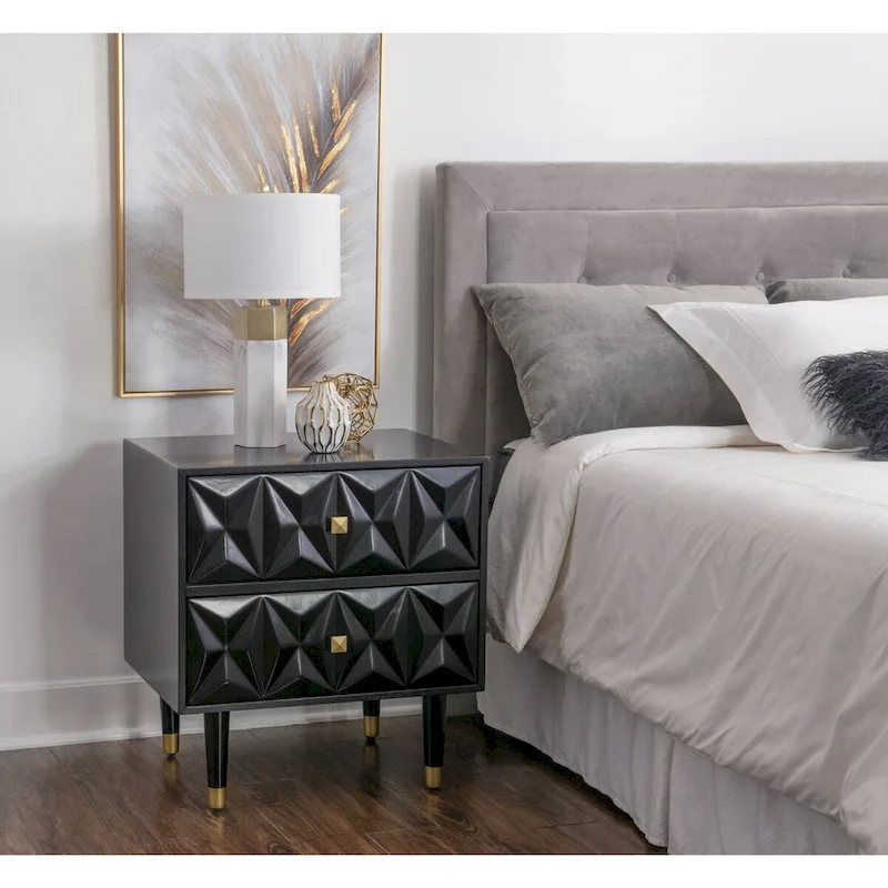 27 Black Geometric Patterned Two Drawer Nightstand