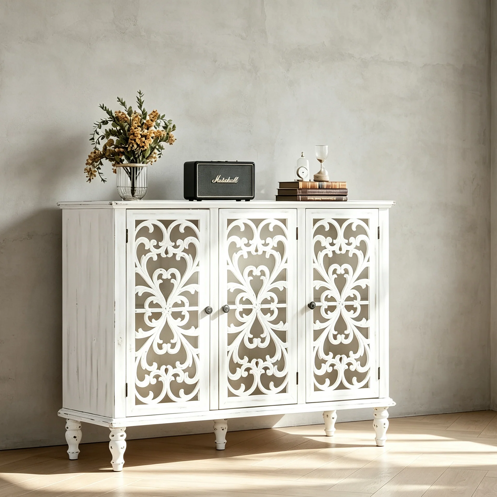 Retro Antique Hollow-Carved 3-door Storage Cabinet