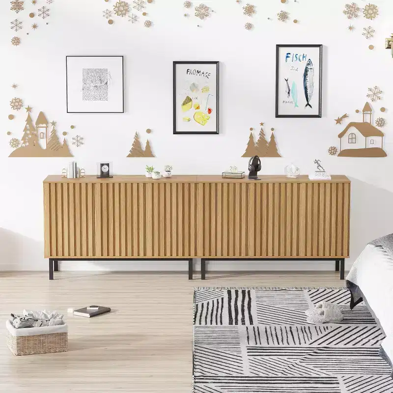 Sideboard Buffet Cabinet with Fluted Doors, Modern Wood Storage Cabinet with Adjustable Shelf, Freestanding Coffee Bar for Dining Room, Living Room