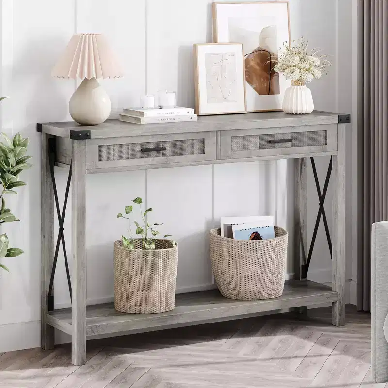 Farmhouse Entryway Table, Grey Console Table with Rattan Drawers, 43 Sofa Table with Storage, Console Tables for Entryway, Living Room, Hallway