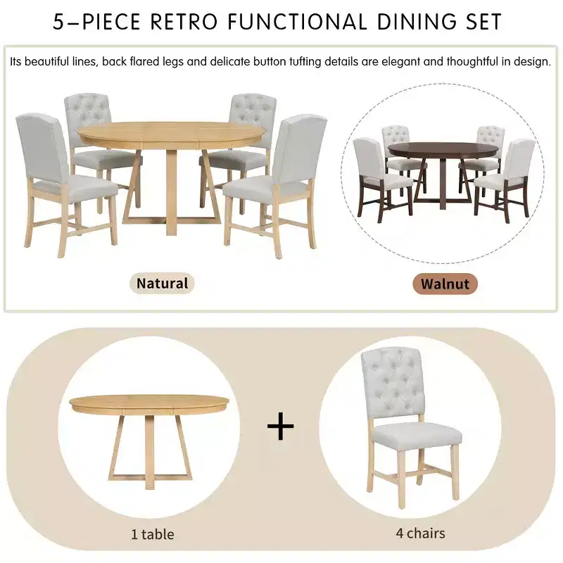 Whisen Retro Style 5-Piece Extendable Dining Set with 4-Botton Tufted Upholstered Chairs