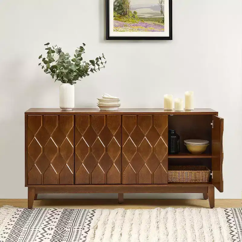 60 Modern Wide Sideboard with Geometric Relief Door Fronts - Walnut