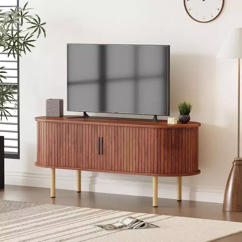Modern TV Stand with Sliding Doors, Wood Media Console Entertainment Center with Adjustable Shelves for Living Room Storage
