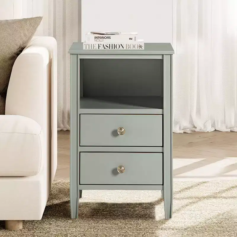 2-Drawer Nightstand with Open Shelf, MDF & Plywood, Gray, 17
