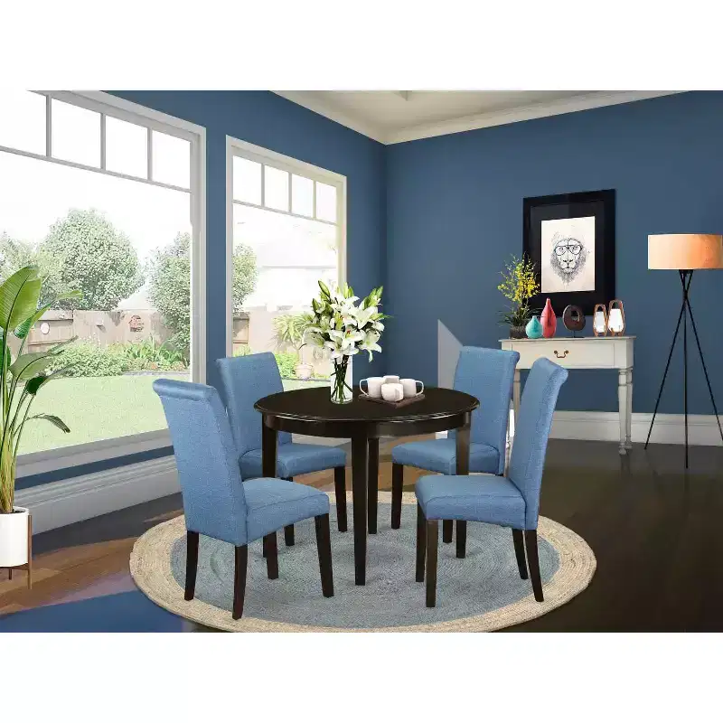 Small Round Kitchen Table Set 5 Piece - Linen Blue Chairs & Cappuccino Legs - Modern Dining Room Table
