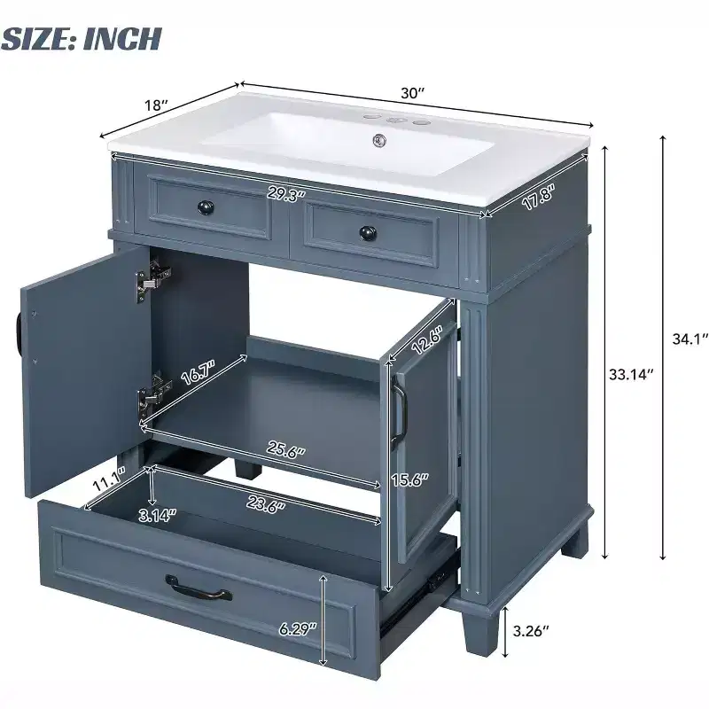 30 Inch White Bathroom Vanity with Sink 30 Sink Cabinet with Storage Cabinet & Bottom Drawer, Solid Wood Frame, Drop-in Countertop