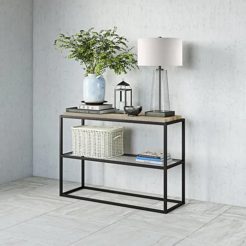 Blackened Bronze Console Table, Steel & Glass, 1-Person Assembly