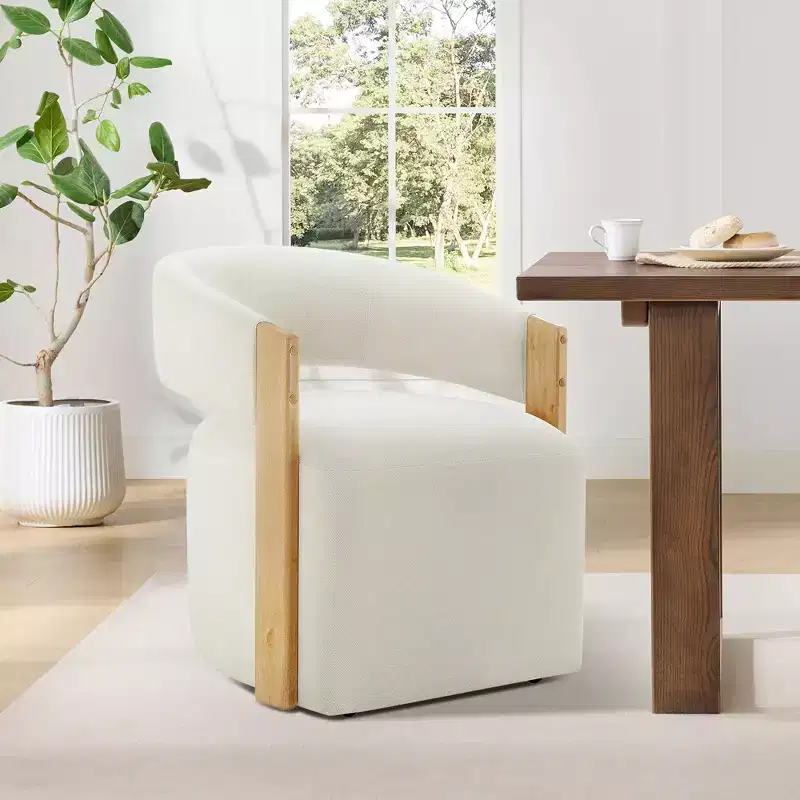 Upholstered Dining Chair with Wood Armrests & Hidden Wheels